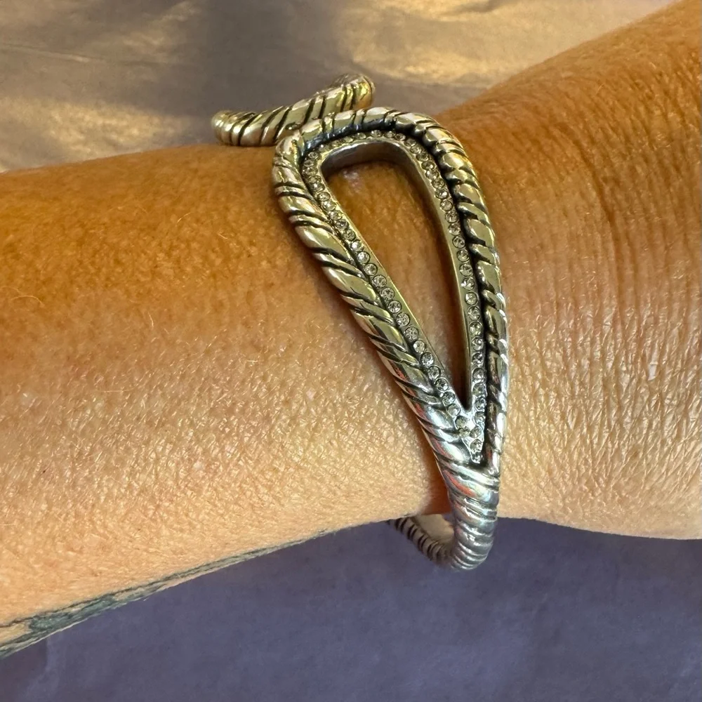 Brighton Silver-Tone Rope Detail Teardrop Cuff Bracelet with Crystal Accents